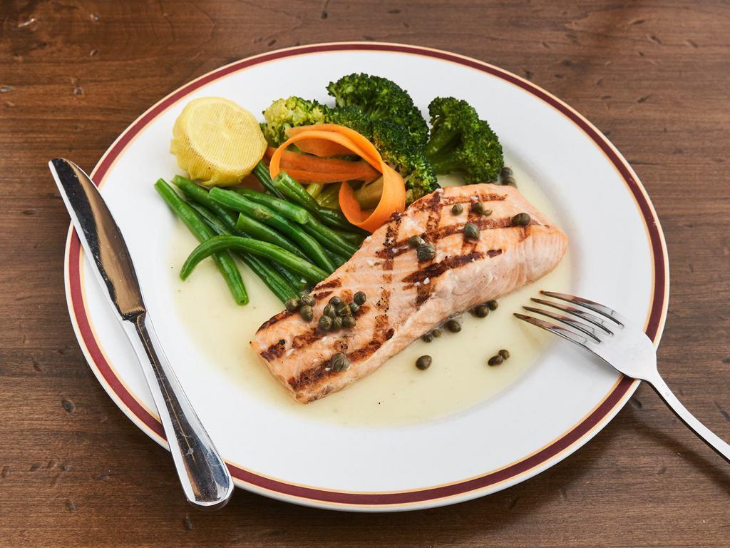 Salmon alla Griglia · Atlantic salmon, grilled med-rare with olive oil lemon, capers, and broccoli.