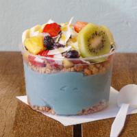 16 oz. Aloha Bowl · Base: banana, mango, coconut milk and blue spirulina. Toppings: layers of granola, banana, b...
