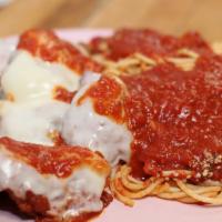 Chicken Parmigiana · Served with soup or salad. Your choice of ziti, linguini or spaghetti.