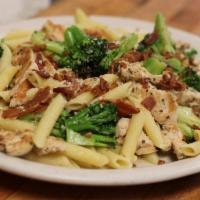 Sauteed Broccoli · With bacon and grilled chicken. Served with soup or salad. Your choice of ziti, linguini or ...