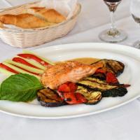 Roasted Salmon · Served with grilled vegetables ratatouille and creamy mustard sauce.