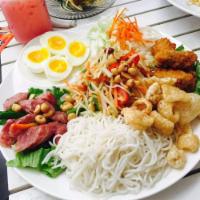 Esann Tray · Papaya salad with boiled egg, Thai sausage, wings, rice vermicelli, pork rind and mixed vege...