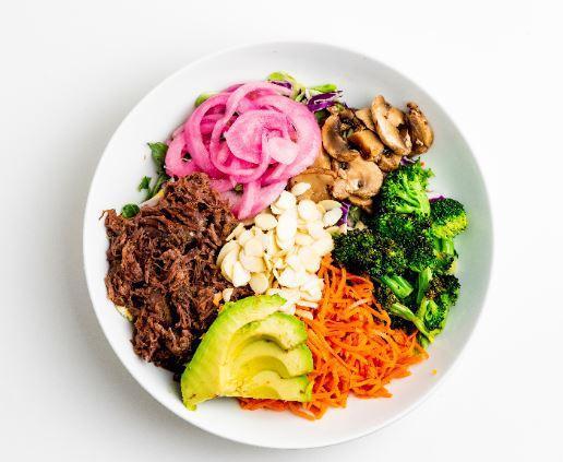 SVK Whole 30 Bowl · Enjoy real food and flavorful ingredients as part of the Whole 30 dietary regimen. Served with cabbage, sliced cucumber, tomato, roasted shrooms and a hard boiled egg.
