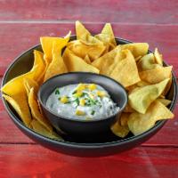 Chips with Roasted Poblano and Corn Dip · Home made tortilla chips and dip