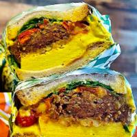 Vegan Early Bird · Just egg, vegan cheese, chickpea chorizo, arugula, vegan jalapeno hollandaise (not spicy).