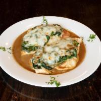 Chicken Saltimbocca · Topped with prosciutto, eggplant, spinach and mozzarella in a brown gravy. Served with choic...