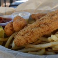 Catfish Basket · Filets of catfish hand-battered, flash fried. Served with hushpuppies, cocktail and tartar s...