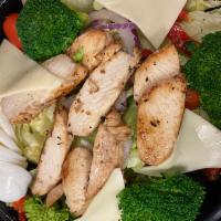 Tassone's Creation Salad · Marinated chicken breast, onions, tomato, olives, egg & American cheese over a bed of fresh ...