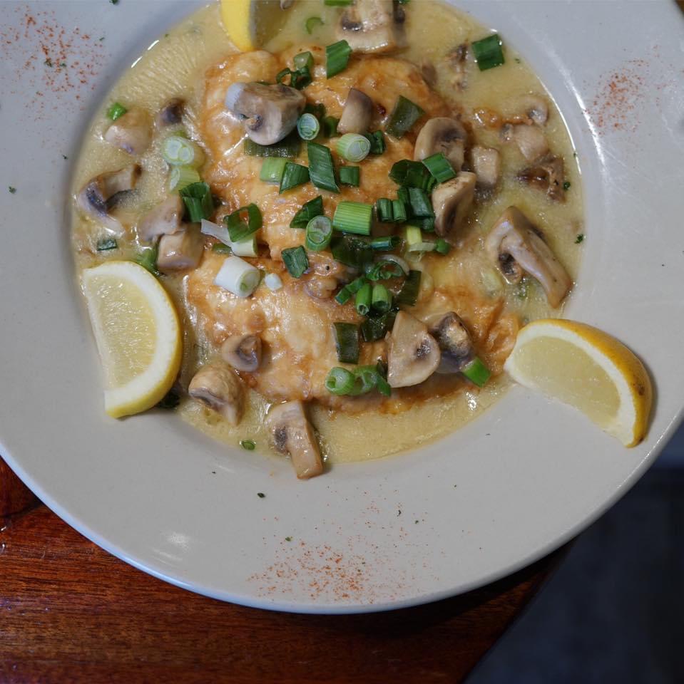 Chicken Francais · Flour dredged, egg dipped chicken sautéed with mushrooms and scallions in white wine, lemon and butter. Choice of side dish.