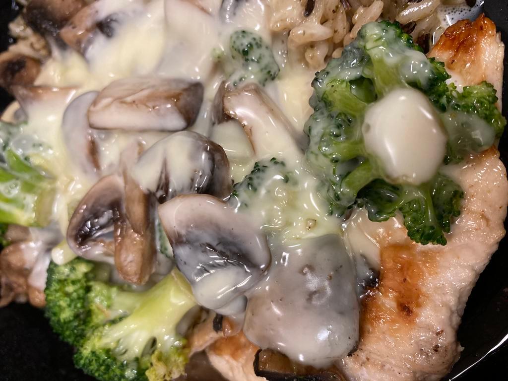Chicken Marco Polo · Chicken Breasts topped with broccoli, mushrooms & American cheese. Choice of a side.
