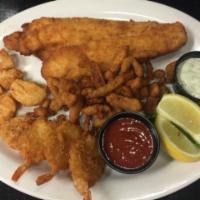 Fried Seafood Platter · Haddock, scallops, shrimp and clams. Choice of side dish.