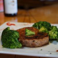 Grilled Pork Rib Eye · So tender & juicy! Served with applesauce and broccoli.