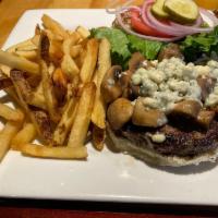 Bleu Moon Burger  · Topped with sautéed mushrooms & bleu cheese. Comes with lettuce, tomato & onion.