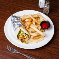 Gyro · Yee-ro. Lettuce, tomato and onion in a pita with french fries.