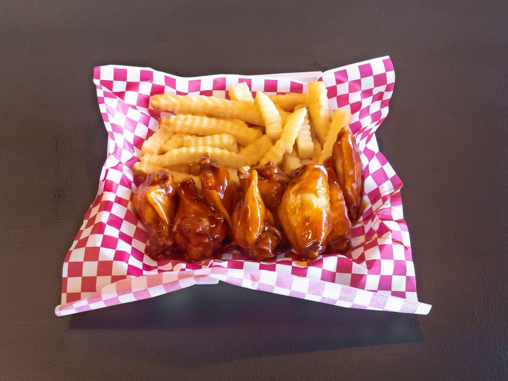 8 Piece Hot Wings and Fries Meal · 8 wings and fries honey glazed, lemon pepper, sweet bourbon, garlic Parmesan, honey gold, Buffalo mild and Jamaican Jerk.