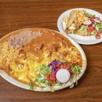 Large Combination Platter · Chile Verde smothered burrito, beef taco, bean tostada and cheese enchilada served with rice...