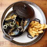 Moules Mariniere   · P.E. I steamed mussels, white wine, shallots, parsley, french fries.