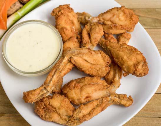 Frog Legs · Frog legs ( 2pcs)  deep fried to golden brown tossed with rustic garlic-parsley butter; served with carrot-celery spears and blue cheese dressing