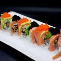 Blossom Roll · Shrimp tempura, cucumber, topped with salmon, avocado, tobiko.