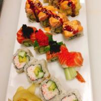 Combo A (half roll) · Crab cheese tempura roll, California roll, Blossom roll, King roll