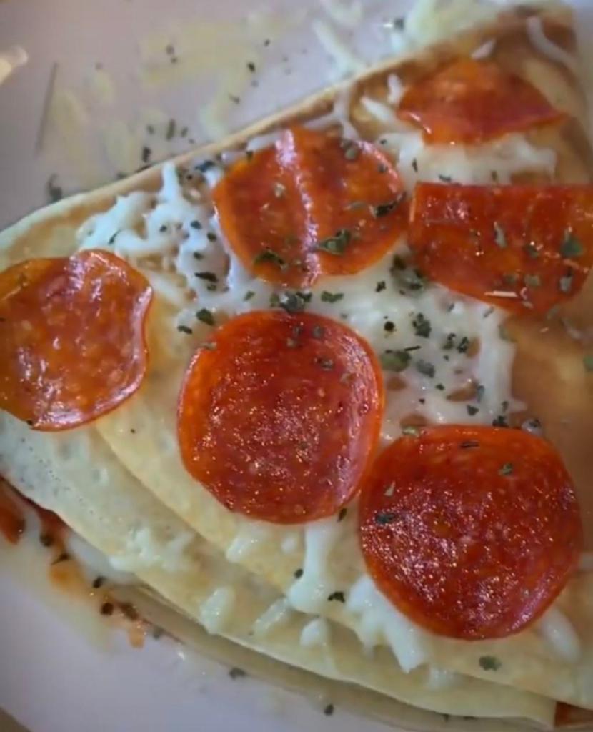 Pizza Crepe · Mozzarella, pepperoni, marinara, and oregano.