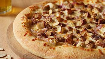 Great Ranch and Potato Pizza · Served with ranch bacon sauce, cheese blend, red potatoes, sausage, caramelized onions and r...