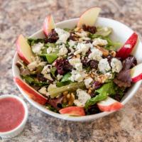 Drix Salad · Mixed green, apples, dried cranberries, walnuts, blue cheese crumbs, raspberry vinaigrette.