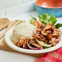 Gai Zapp · Crispy chicken mixed with onion, red onion, mint, and spicy lime sauce served over rice with...