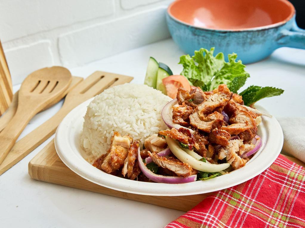 Gai Zapp · Crispy chicken mixed with onion, red onion, mint, and spicy lime sauce served over rice with green leaf, cucumber, tomato, and cilantro.