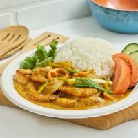 Karee Goong · Shrimp stir-fried with curry powder, scramble egg, bell pepper, onion, scallion, topped with...