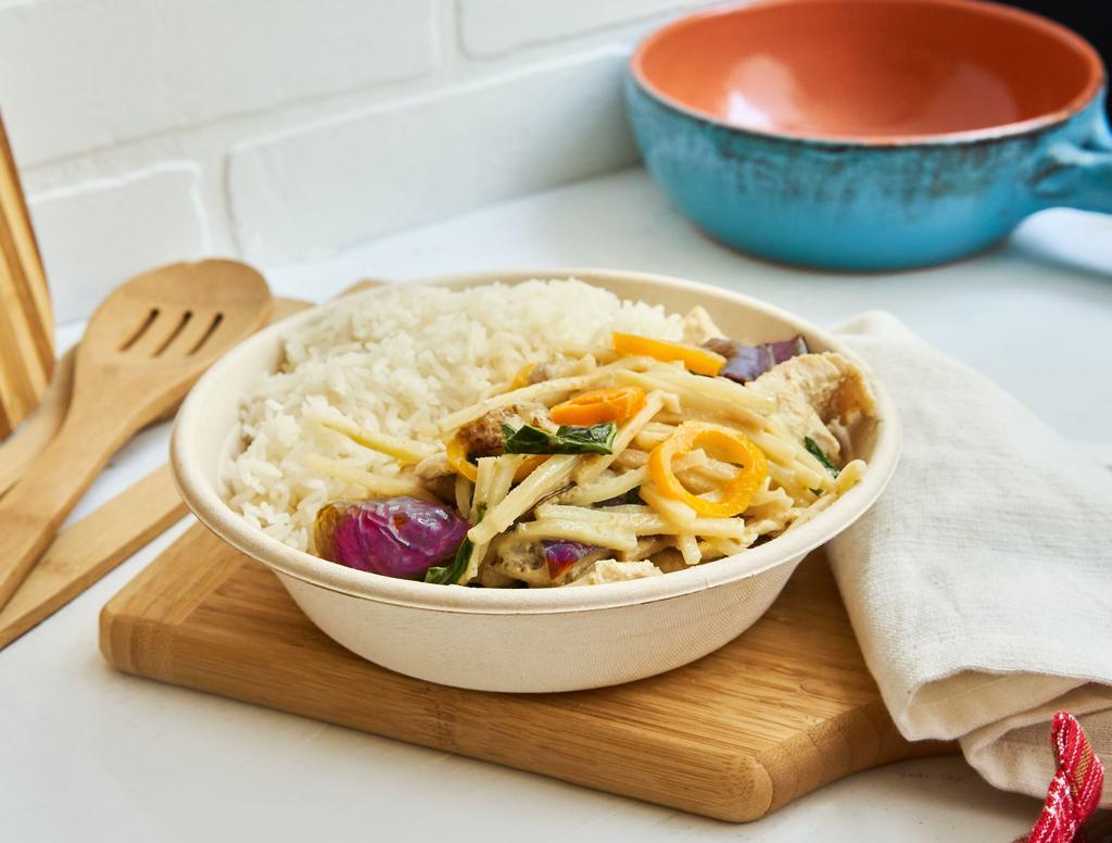 Green Curry · Green curry made with coconut milk, bell pepper, eggplant, bamboo shoot, basil.