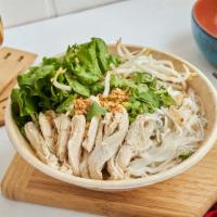 Gai Cheek Noodle Soup · Rice noodle, pulled chicken, green leaf, bean sprout, scallion in chicken broth and ground p...