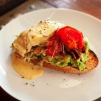 Rise and Shine · Avocado, tomato confit, sprouted sunflower seeds, bacon, hollandaise egg.