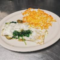 Fit Omelet · White eggs with fresh and crispy spinach, onions, greens, pepper, jalapenos, with Swiss chee...