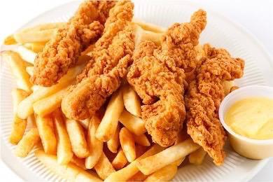Kids Chicken Strip Combo · 2 golden chicken strips accompanied by french fries and 1 egg.