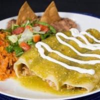 El dorado's Enchiladas · Three chicken or beef, red or tomatillo sauce and pico de gallo, served with rice and beans. 