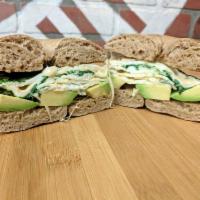 Avocado & Egg Whites · With spinach and Swiss cheese on a whole wheat bagel.