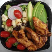 Chipotle Cowboy Salad · Grilled chicken, romaine, pepper jack cheese, avocado, black beans, grape tomato, and red on...
