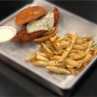 Fried Chicken Sandwich · Fried chicken cutlet serve with secret sauce, pickles and Monterey jack cheese.