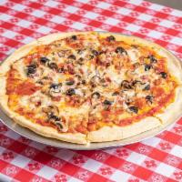 Anthony's Pepperoni Specialty Pizza · Toppings: Pepperoni, sausage, bacon, mushrooms, onion, and black olives.