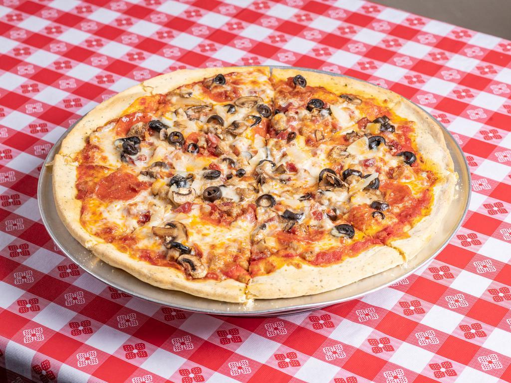Anthony's Pepperoni Specialty Pizza · Toppings: Pepperoni, sausage, bacon, mushrooms, onion, and black olives.