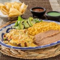 Cancun Chicken · A chargrilled chicken breast topped with pico de gallo, and chili con queso. Served with a s...