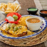 Pollo A la Parrilla · A chargrilled chicken breast topped with grilled onions, bell peppers, and melted cheese ser...