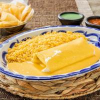 Burrito Con Queso · A large flour tortilla filled with refried beans, and your choice of chicken, beef, or combo...