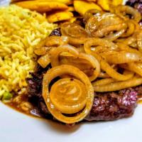 Bistec Encebollado · Steak with onion. Served with 2 sides.
