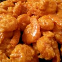 Buffalo Popcorn Shrimp · 1/2 lb. lightly fried shrimp tossed in hot sauce with bleu cheese sauce on the side.