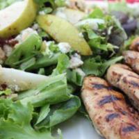 Summer Salad · Romaine lettuce, mesclun greens, grilled chicken, carrots, red cabbage, walnuts, sliced appl...