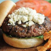 Blackened Bleu Burger with French fries · Blackened and served with melted Gorgonzola cheese. Please specify temperature.