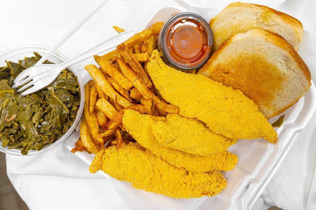 Fried Catfish Dinner · Farmed raised catfish tossed in our house seasoned cornmeal  and deep-fried. Served with your choice of 2 sides and Texas toast.
