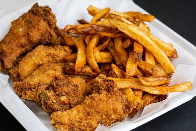 6 Fried Chicken Wings · Try our RIDICULOUS 6 piece jumbo chicken wings tossed in our seasoned flour and deep fried. Add hand-cut fries for an additional charge.